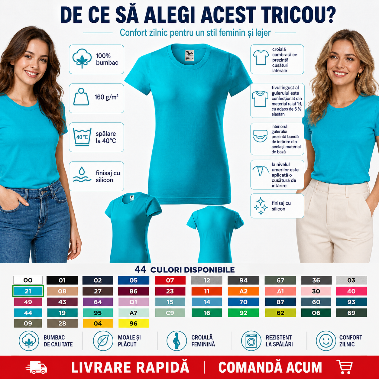Tricou damă 100% bumbac cu guler rotund, croială feminină, finisaj cu silicon și 44 culori